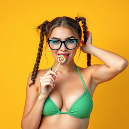 A sexy young Slovak woman around 20 years old with two playful braids, wearing stylish glasses and a charming smile