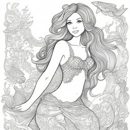 A fully dressed, elegant mermaid in a detailed, high-quality colouring book page.