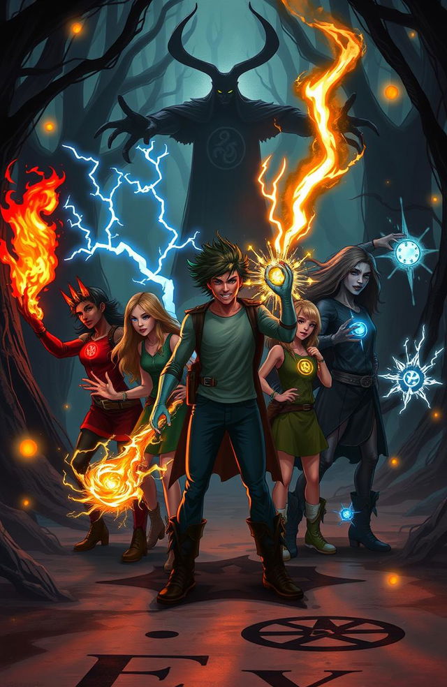 A dynamic scene depicting six friends, each showcasing their unique and extreme powers, united in a mission to confront and destroy a dark witch's clan