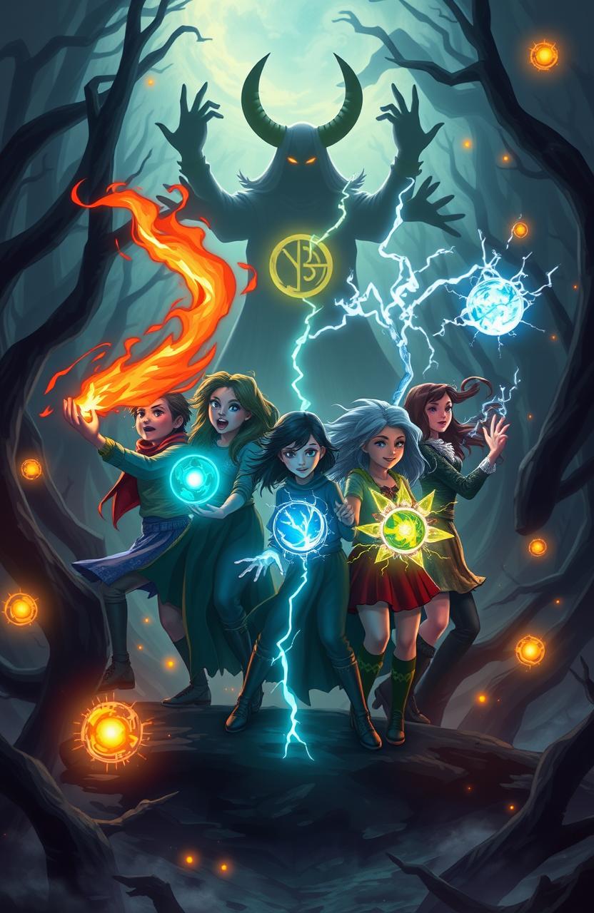 A dynamic scene depicting six friends, each showcasing their unique and extreme powers, united in a mission to confront and destroy a dark witch's clan