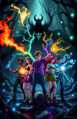 A dynamic scene depicting six friends, each showcasing their unique and extreme powers, united in a mission to confront and destroy a dark witch's clan