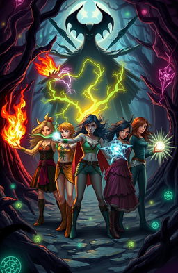 A dynamic scene depicting six friends, each showcasing their unique and extreme powers, united in a mission to confront and destroy a dark witch's clan
