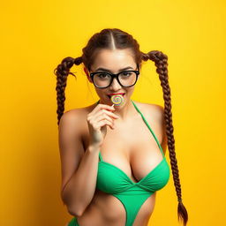 A sexy young Slovak woman around 20 years old with two playful braids, wearing stylish glasses and a charming smile