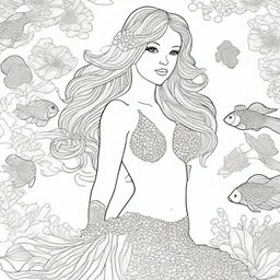 A fully dressed, elegant mermaid in a detailed, high-quality colouring book page.