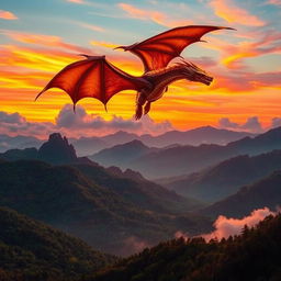 A majestic dragon soaring through a vibrant sunset sky, its scales shimmering in gold and red hues