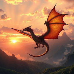 A majestic dragon soaring through a vibrant sunset sky, its scales shimmering in gold and red hues