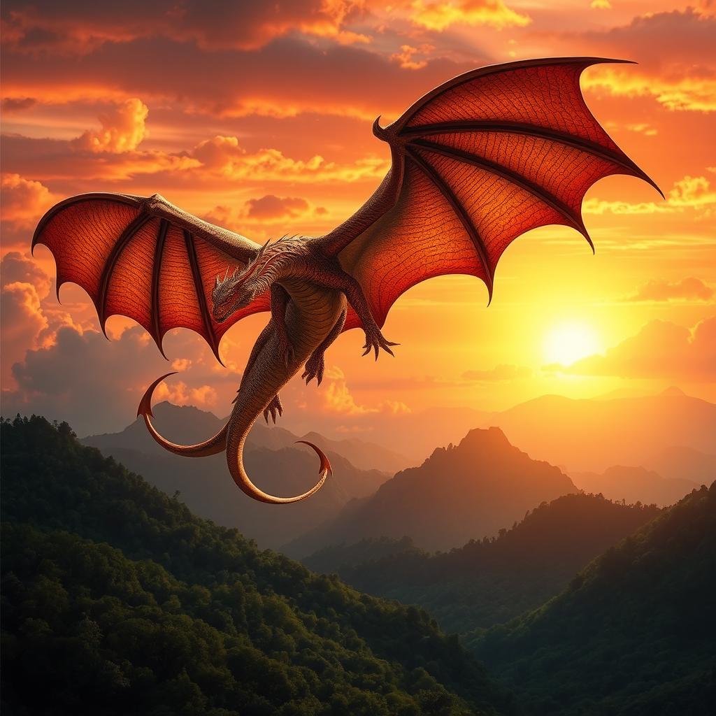 A majestic dragon soaring through a vibrant sunset sky, its scales shimmering in gold and red hues