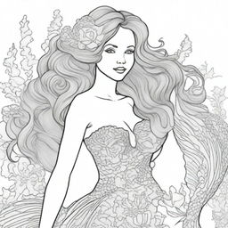 A fully dressed, elegant mermaid in a detailed, high-quality colouring book page.