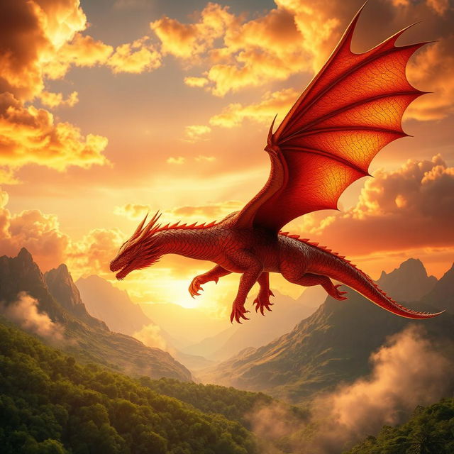 A majestic dragon soaring through a vibrant sunset sky, its scales shimmering in gold and red hues