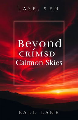 A stunning book cover for 'Beyond Crimson Skies', featuring an expansive, dramatic sky filled with swirling crimson, deep reds, and hints of orange and purple hues, suggesting a breathtaking sunset