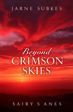 A stunning book cover for 'Beyond Crimson Skies', featuring an expansive, dramatic sky filled with swirling crimson, deep reds, and hints of orange and purple hues, suggesting a breathtaking sunset