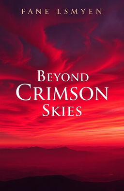 A stunning book cover for 'Beyond Crimson Skies', featuring an expansive, dramatic sky filled with swirling crimson, deep reds, and hints of orange and purple hues, suggesting a breathtaking sunset