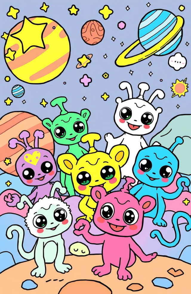 A whimsical and imaginative coloring book page featuring cute and friendly alien pets from various planets