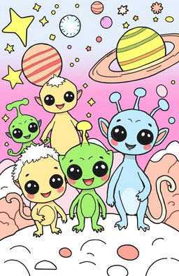 A whimsical and imaginative coloring book page featuring cute and friendly alien pets from various planets