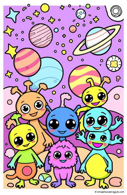 A whimsical and imaginative coloring book page featuring cute and friendly alien pets from various planets
