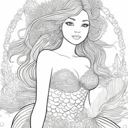 A fully dressed, elegant mermaid in a detailed, high-quality colouring book page.