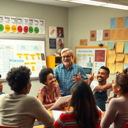 An educational scene depicting transformative diakonia, where an instructor is seen teaching a group of diverse individuals how to manage money, food, and drink effectively