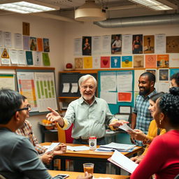 An educational scene depicting transformative diakonia, where an instructor is seen teaching a group of diverse individuals how to manage money, food, and drink effectively