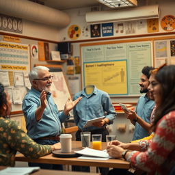 An educational scene depicting transformative diakonia, where an instructor is seen teaching a group of diverse individuals how to manage money, food, and drink effectively