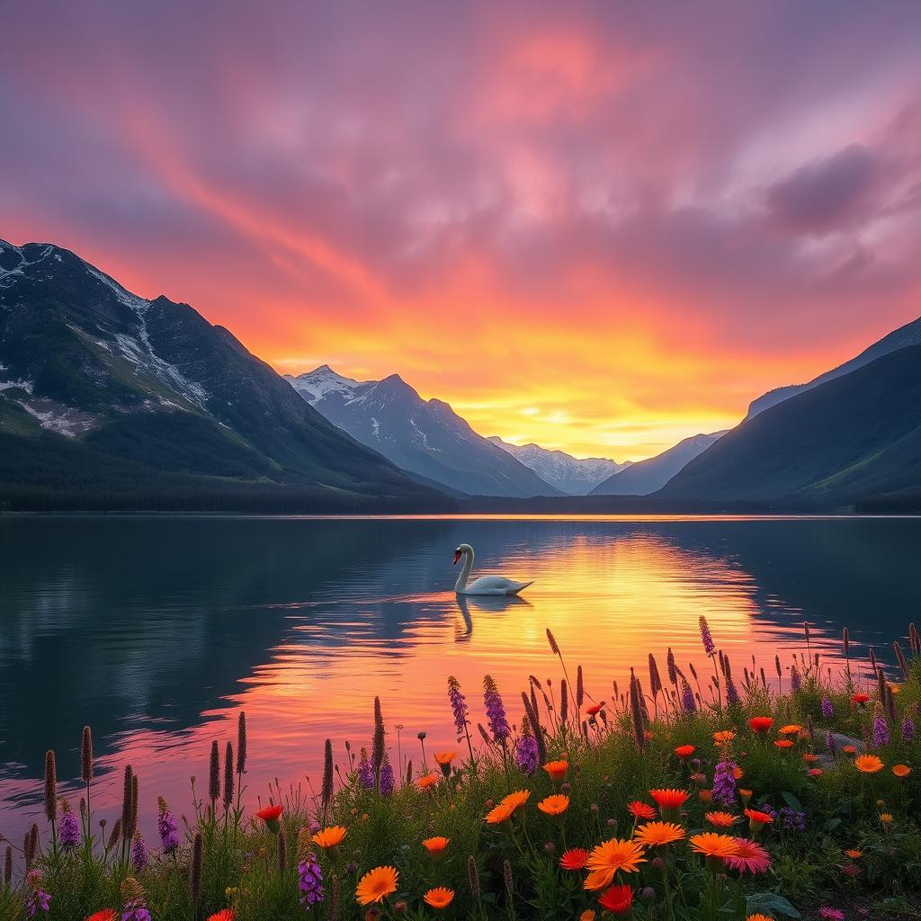 A serene landscape depicting a tranquil lake surrounded by majestic mountains during sunset