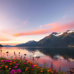 A serene landscape depicting a tranquil lake surrounded by majestic mountains during sunset