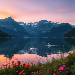 A serene landscape depicting a tranquil lake surrounded by majestic mountains during sunset