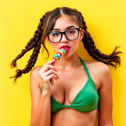 A sexy young Romanian woman around 20 years old with two playful braids, wearing stylish glasses and exuding charm