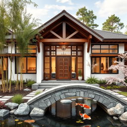 A modern Asian-inspired house design, featuring a harmonious blend of traditional and contemporary architecture