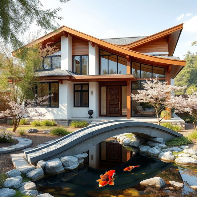 A modern Asian-inspired house design, featuring a harmonious blend of traditional and contemporary architecture