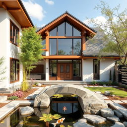 A modern Asian-inspired house design, featuring a harmonious blend of traditional and contemporary architecture