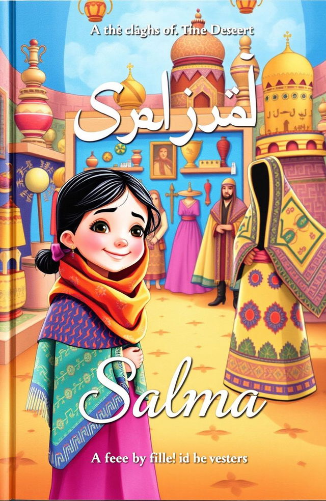 A colorful and imaginative book cover depicting a young girl named Salma exploring a vibrant cultural exhibition