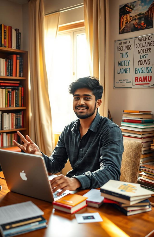 A vibrant scene of a young Indian man named Ramu confidently practicing his spoken English in a cozy room filled with books