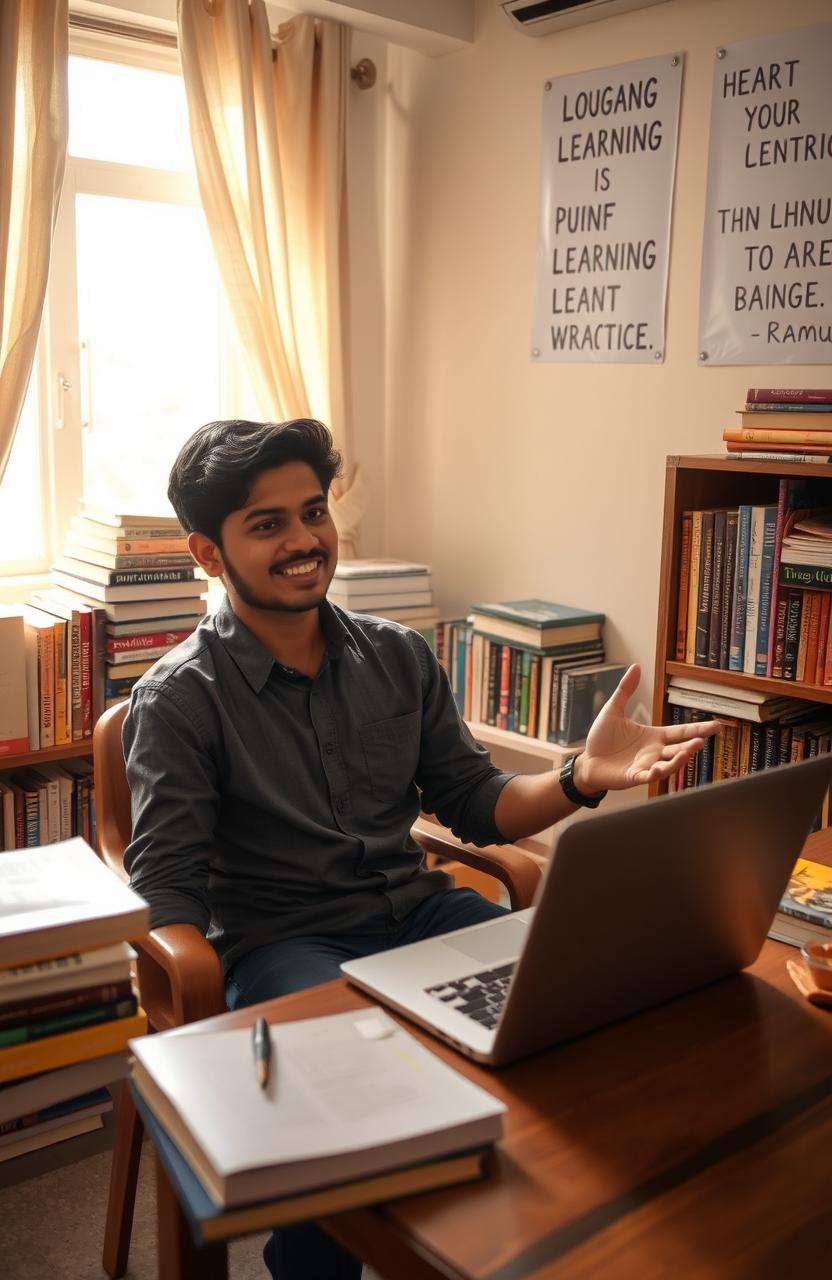 A vibrant scene of a young Indian man named Ramu confidently practicing his spoken English in a cozy room filled with books