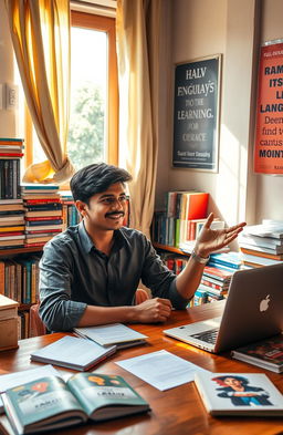 A vibrant scene of a young Indian man named Ramu confidently practicing his spoken English in a cozy room filled with books