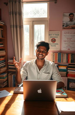 A vibrant scene of a young Indian man named Ramu confidently practicing his spoken English in a cozy room filled with books