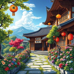 A beautifully detailed illustration of a historical Asian house, inspired by traditional architecture, featuring ornate wooden beams, curved eaves, and intricate carvings