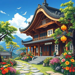 A beautifully detailed illustration of a historical Asian house, inspired by traditional architecture, featuring ornate wooden beams, curved eaves, and intricate carvings