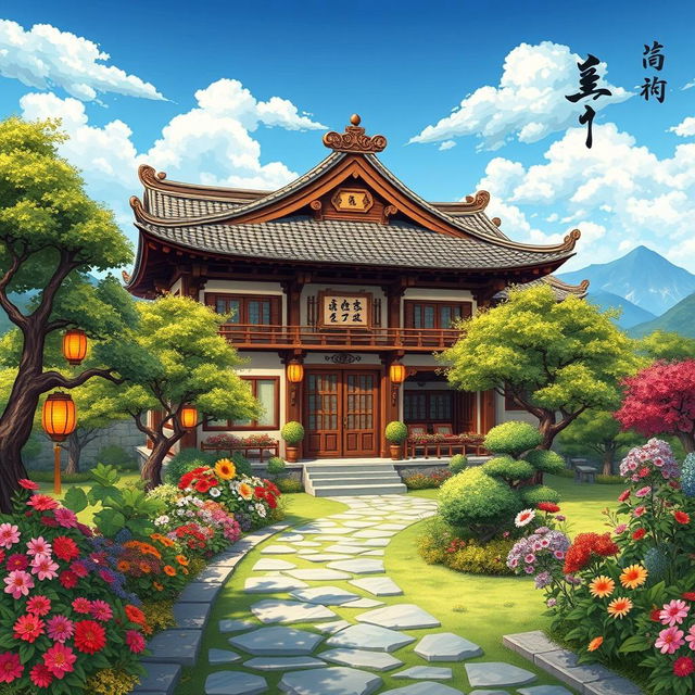 A beautifully detailed illustration of a historical Asian house, inspired by traditional architecture, featuring ornate wooden beams, curved eaves, and intricate carvings