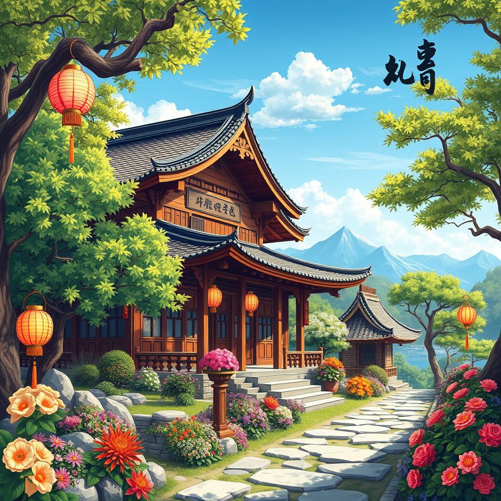 A beautifully detailed illustration of a historical Asian house, inspired by traditional architecture, featuring ornate wooden beams, curved eaves, and intricate carvings