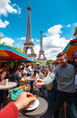 A vibrant scene of a lively cafe in Paris during the afternoon, filled with people enjoying their meals, chatting, and laughing