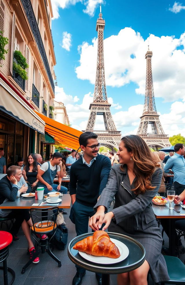 A vibrant scene of a lively cafe in Paris during the afternoon, filled with people enjoying their meals, chatting, and laughing