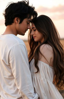 A romantic scene depicting a man and a woman standing face to face with their heads gently touching