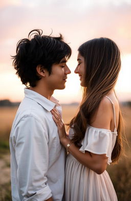 A romantic scene depicting a man and a woman standing face to face with their heads gently touching