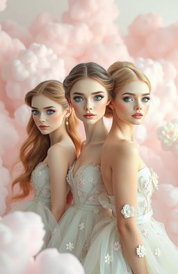 A dreamlike scene depicting unrealistic beauty standards with models showcasing exaggerated features such as oversized eyes, flawless skin, and perfect hair, all rendered in a soft pastel color palette