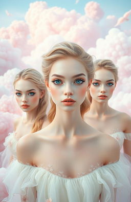 A dreamlike scene depicting unrealistic beauty standards with models showcasing exaggerated features such as oversized eyes, flawless skin, and perfect hair, all rendered in a soft pastel color palette