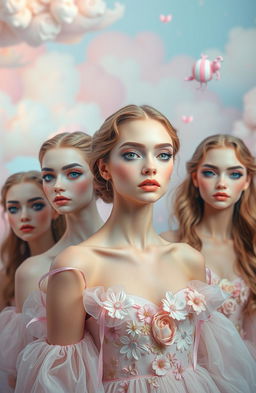 A dreamlike scene depicting unrealistic beauty standards with models showcasing exaggerated features such as oversized eyes, flawless skin, and perfect hair, all rendered in a soft pastel color palette