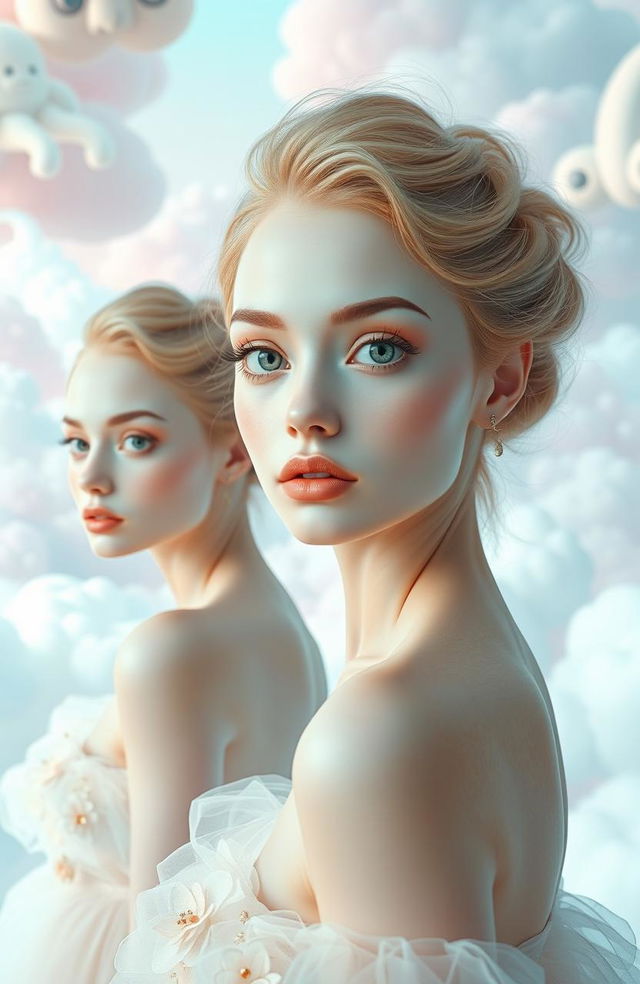 A dreamlike scene depicting unrealistic beauty standards with models showcasing exaggerated features such as oversized eyes, flawless skin, and perfect hair, all rendered in a soft pastel color palette