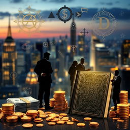 An abstract representation of wealth and knowledge, featuring mysterious symbols and codes intertwined with luxurious elements like gold coins, stacks of cash, and opulent architecture