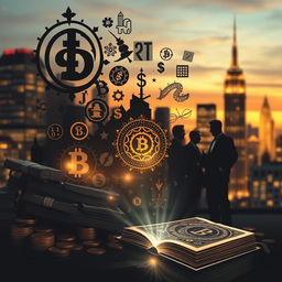 An abstract representation of wealth and knowledge, featuring mysterious symbols and codes intertwined with luxurious elements like gold coins, stacks of cash, and opulent architecture