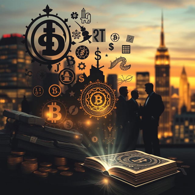 An abstract representation of wealth and knowledge, featuring mysterious symbols and codes intertwined with luxurious elements like gold coins, stacks of cash, and opulent architecture